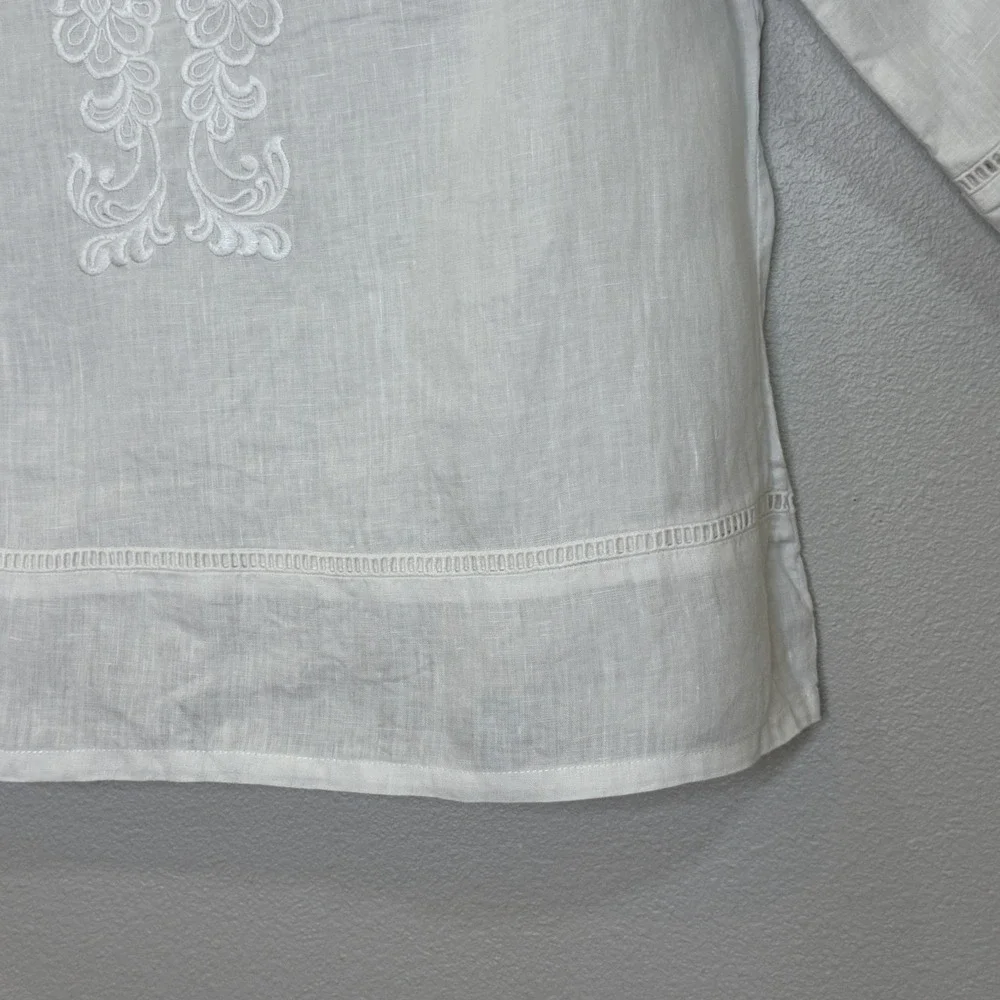 Saint Tropez West Pullover Top Womens Large White 100% Linen Embroidered V-Neck